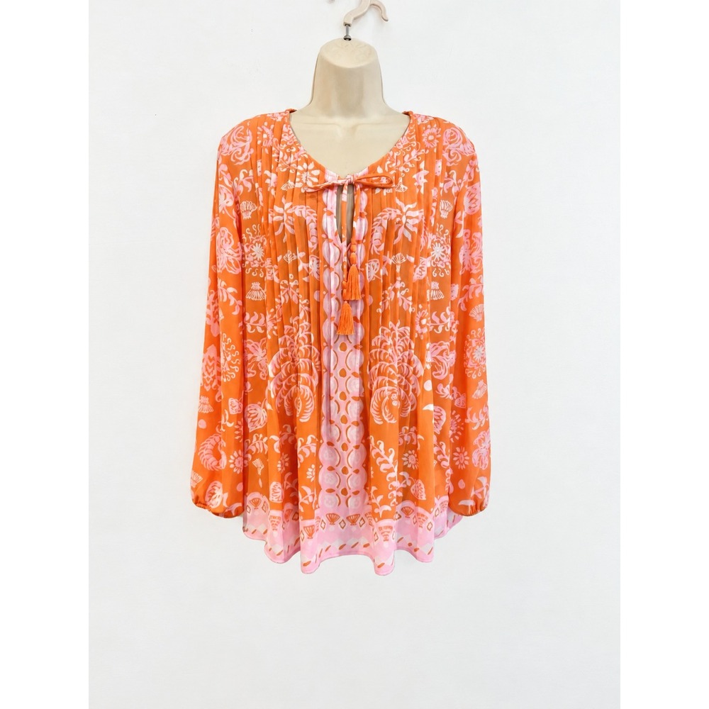 Lilly Pulitzer Tunic Top Marilina Pleated Blouse Long Sleeve Pink Orange Palm Lg